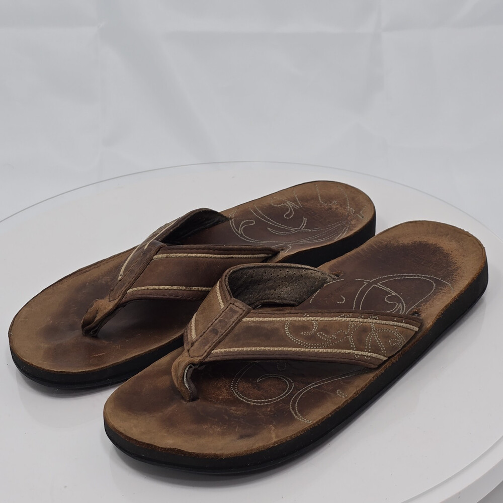 Reef Brown Leather Thong Flip Flops Mens Size 9